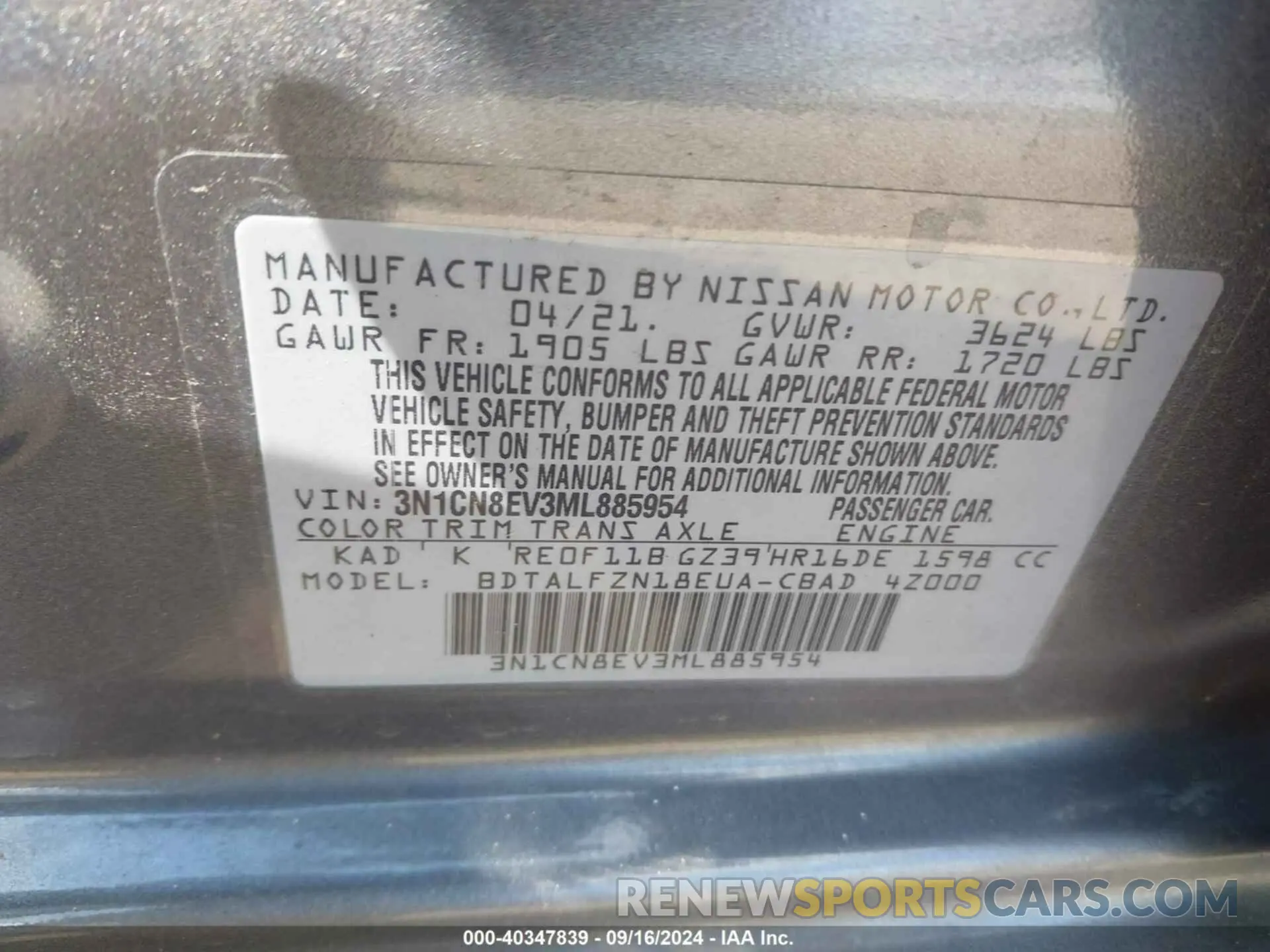 9 fotografías del automóvil dañado 3N1CN8EV3ML885954 NISSAN VERSA 2021