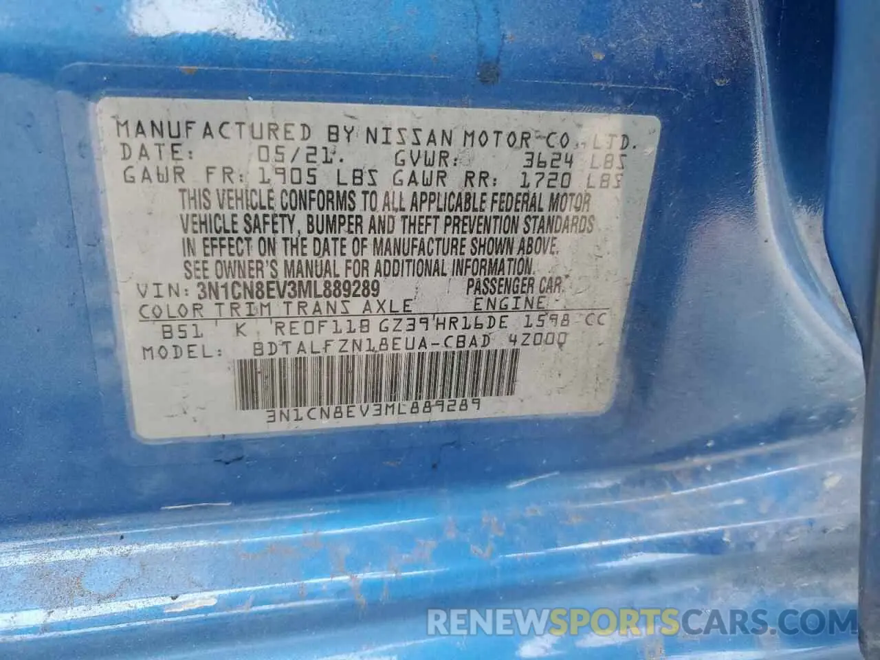 12 fotografías del automóvil dañado 3N1CN8EV3ML889289 NISSAN VERSA 2021