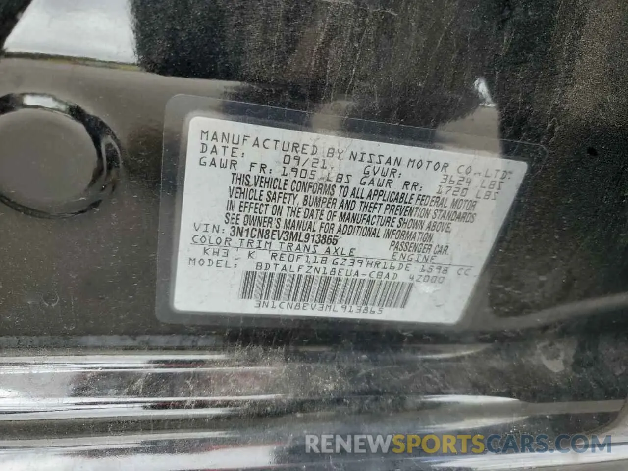 12 fotografías del automóvil dañado 3N1CN8EV3ML913865 NISSAN VERSA 2021
