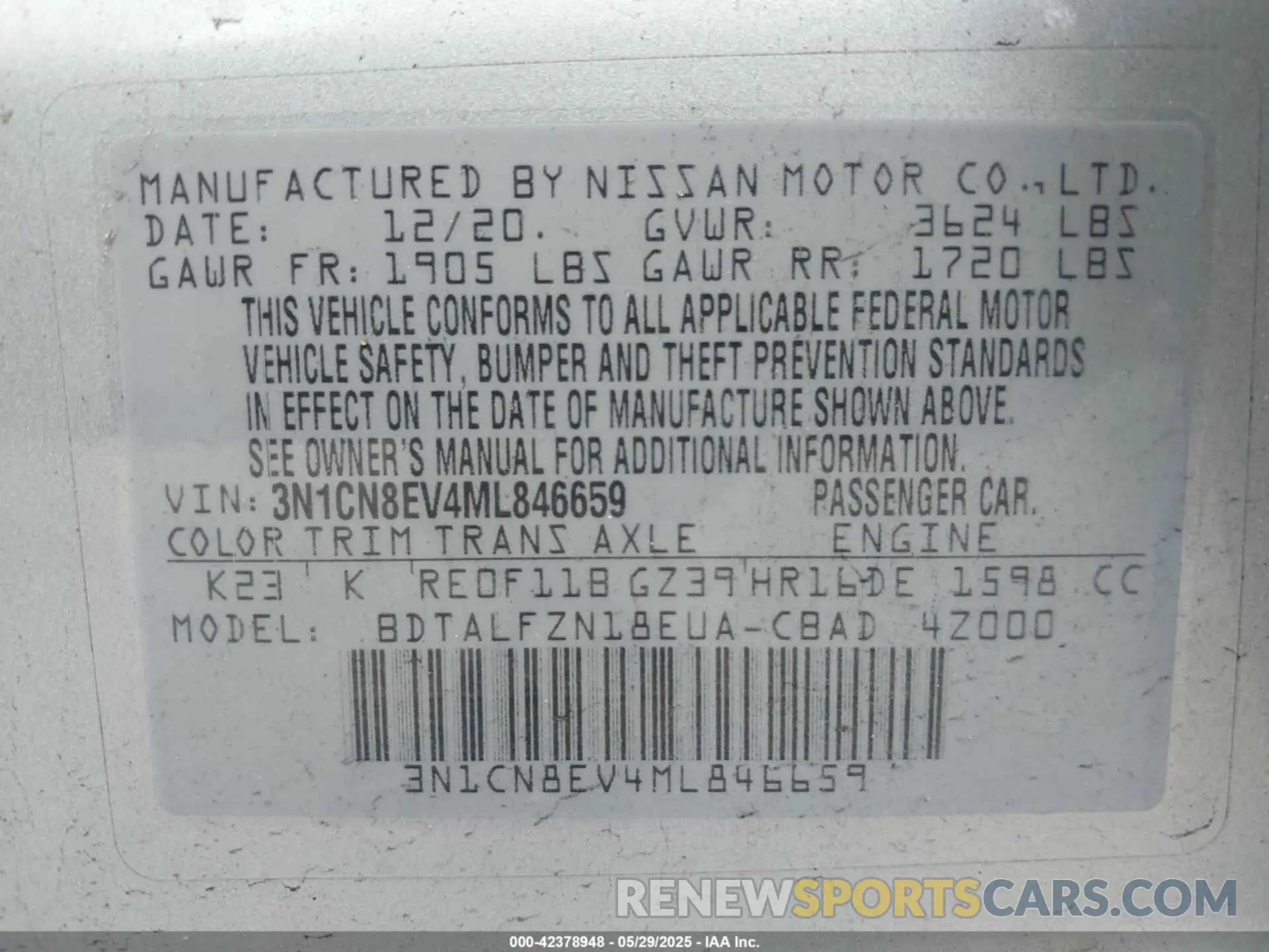 9 fotografías del automóvil dañado 3N1CN8EV4ML846659 NISSAN VERSA 2021