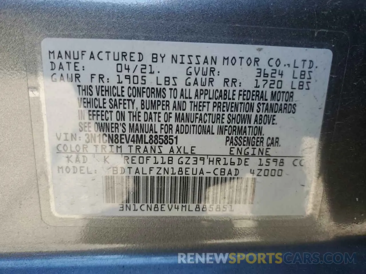 12 fotografías del automóvil dañado 3N1CN8EV4ML885851 NISSAN VERSA 2021