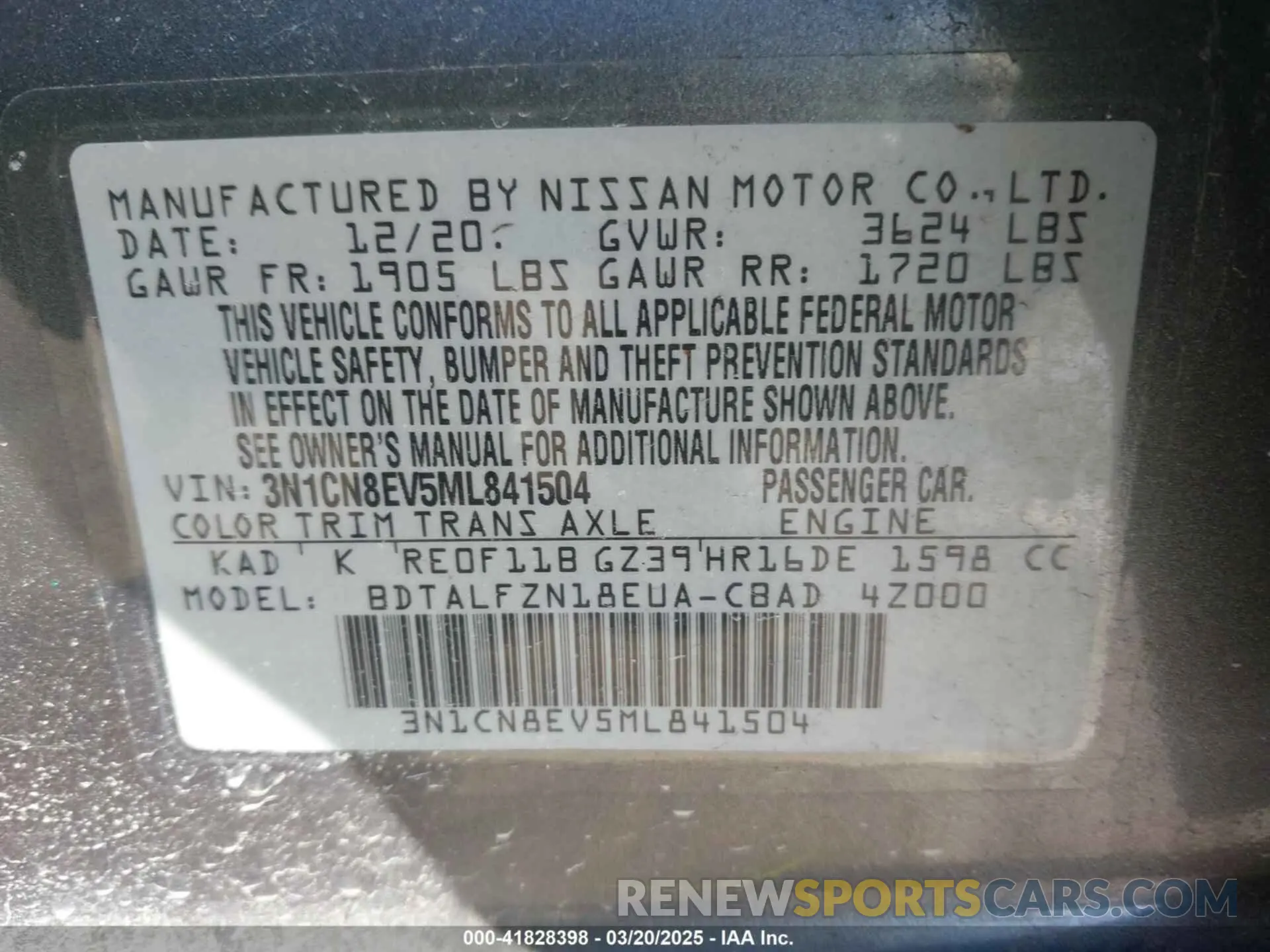 9 fotografías del automóvil dañado 3N1CN8EV5ML841504 NISSAN VERSA 2021