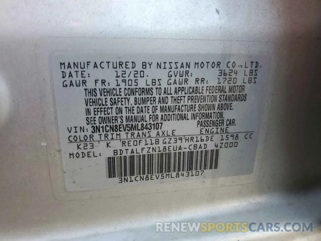 12 fotografías del automóvil dañado 3N1CN8EV5ML843107 NISSAN VERSA 2021