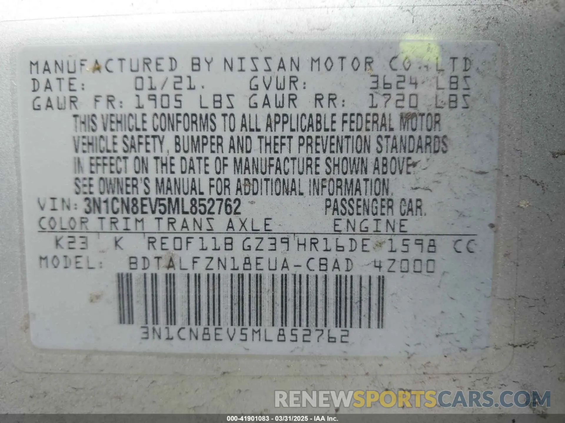 9 fotografías del automóvil dañado 3N1CN8EV5ML852762 NISSAN VERSA 2021