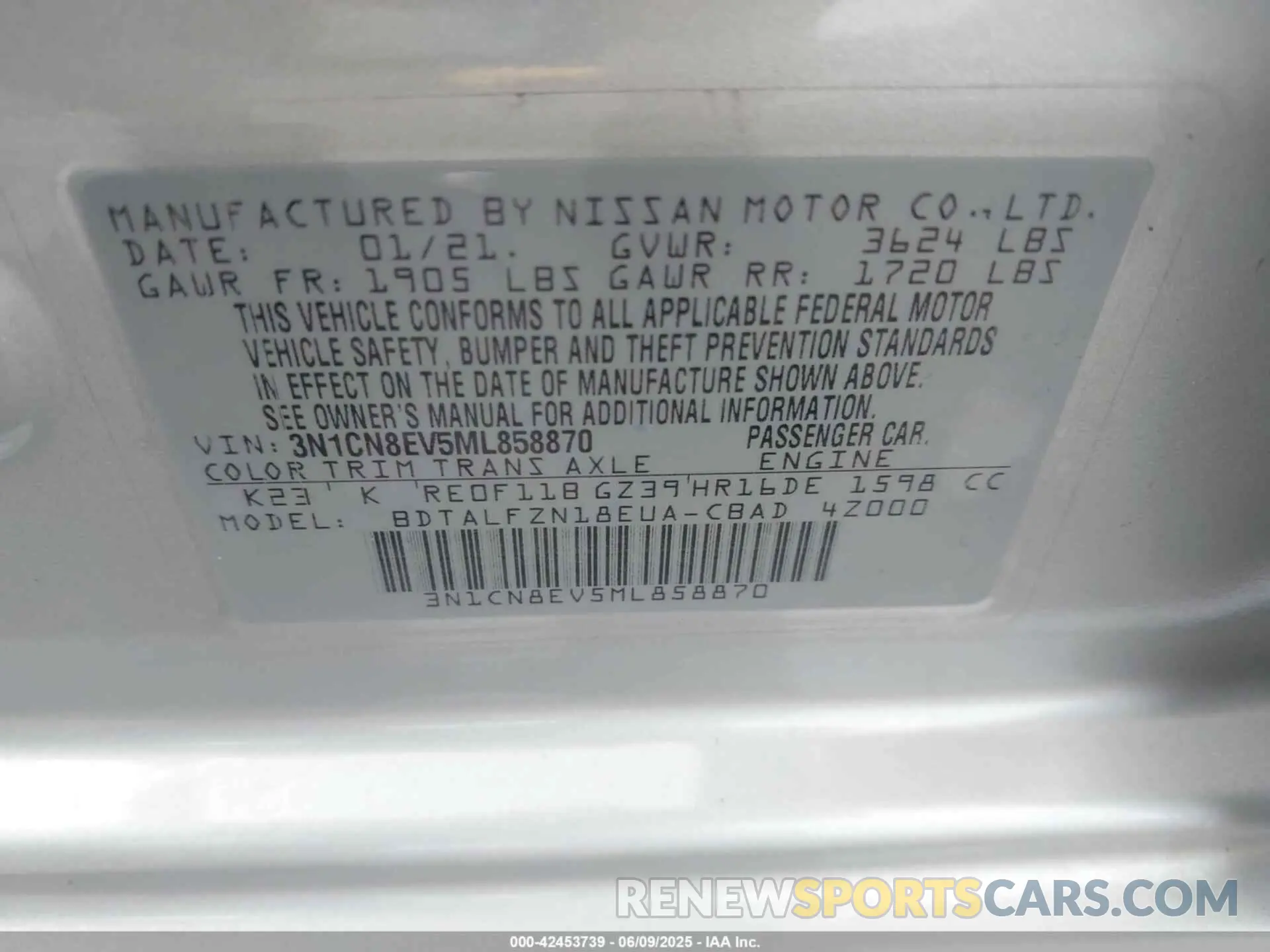 9 fotografías del automóvil dañado 3N1CN8EV5ML858870 NISSAN VERSA 2021