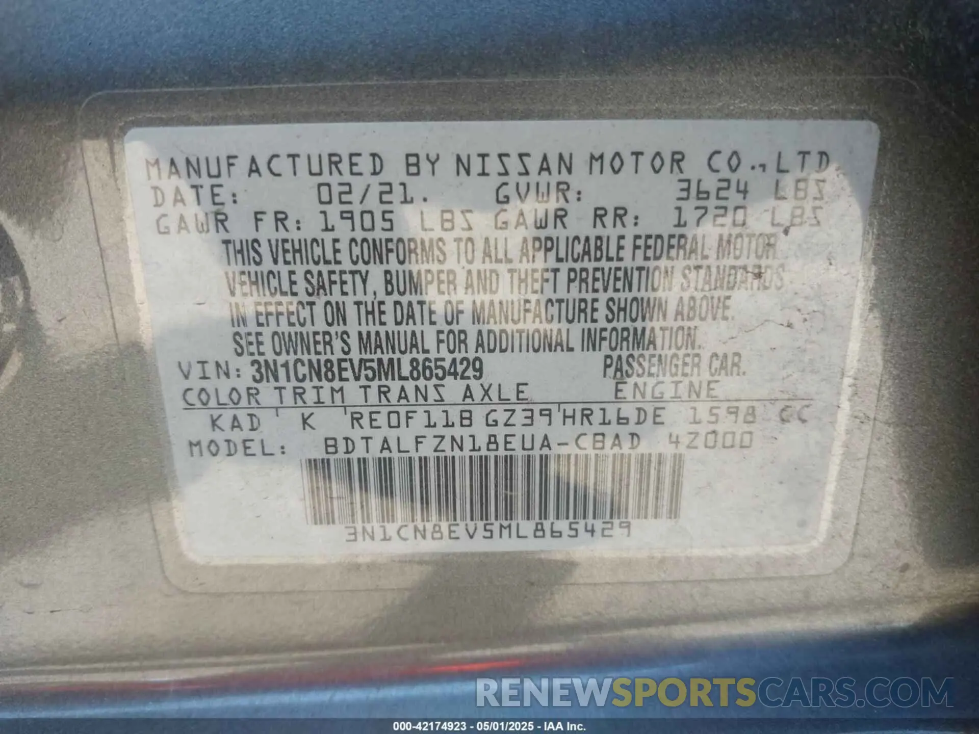 9 fotografías del automóvil dañado 3N1CN8EV5ML865429 NISSAN VERSA 2021