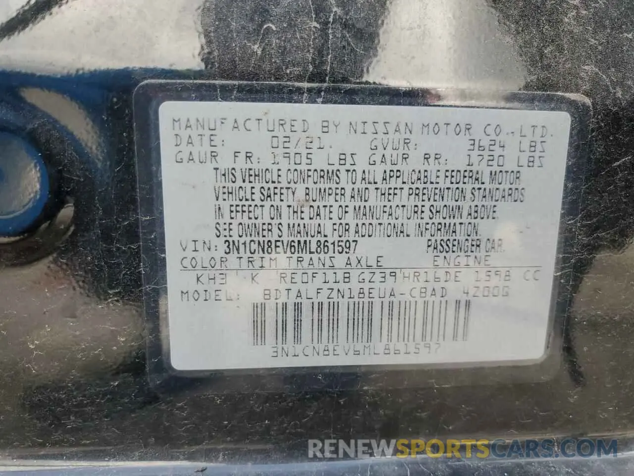 13 fotografías del automóvil dañado 3N1CN8EV6ML861597 NISSAN VERSA 2021