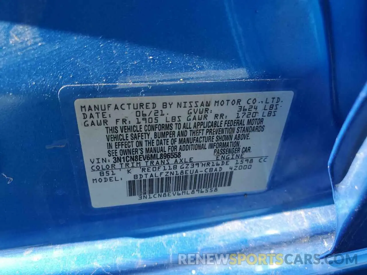 12 fotografías del automóvil dañado 3N1CN8EV6ML896558 NISSAN VERSA 2021