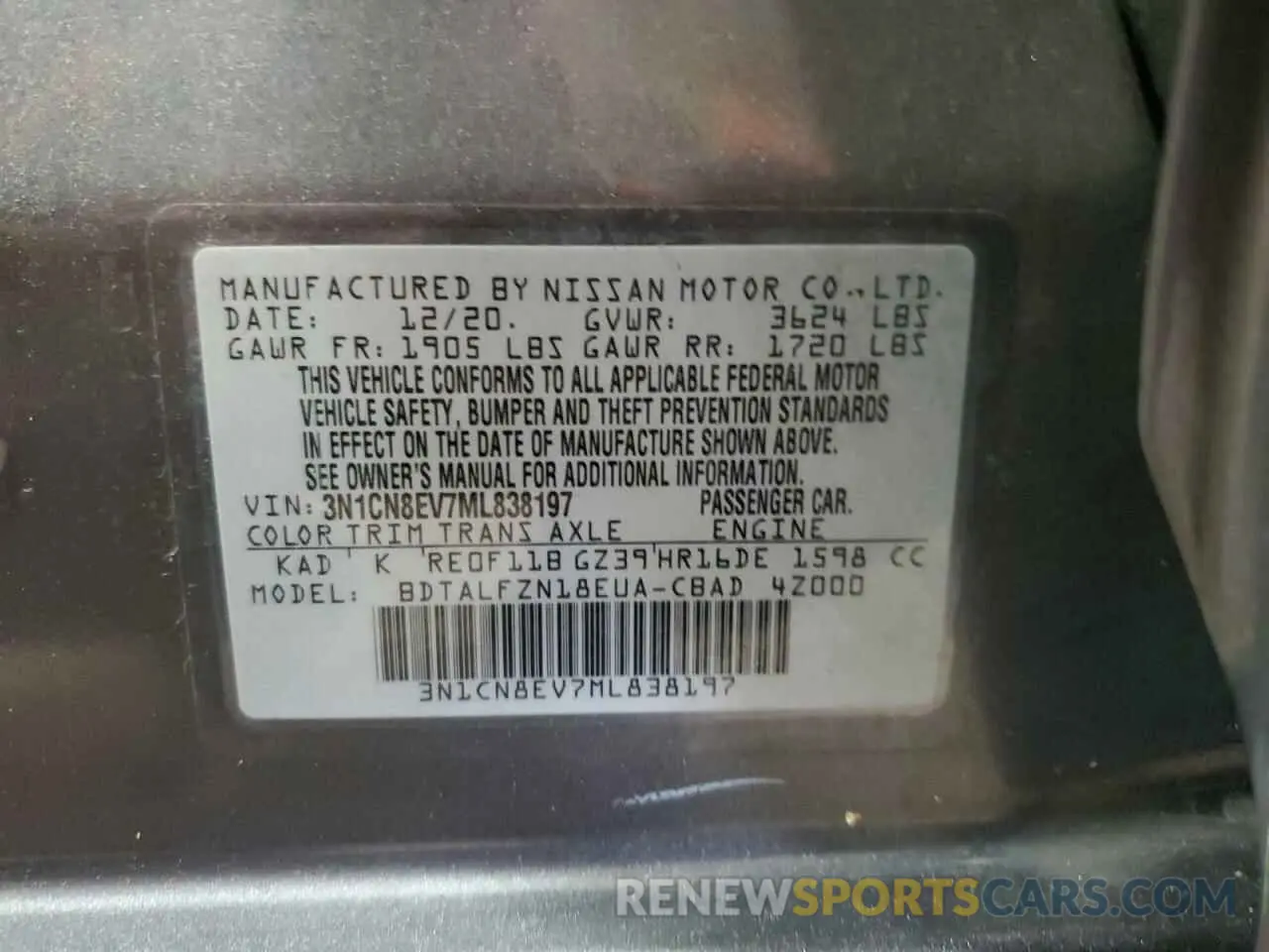 12 fotografías del automóvil dañado 3N1CN8EV7ML838197 NISSAN VERSA 2021