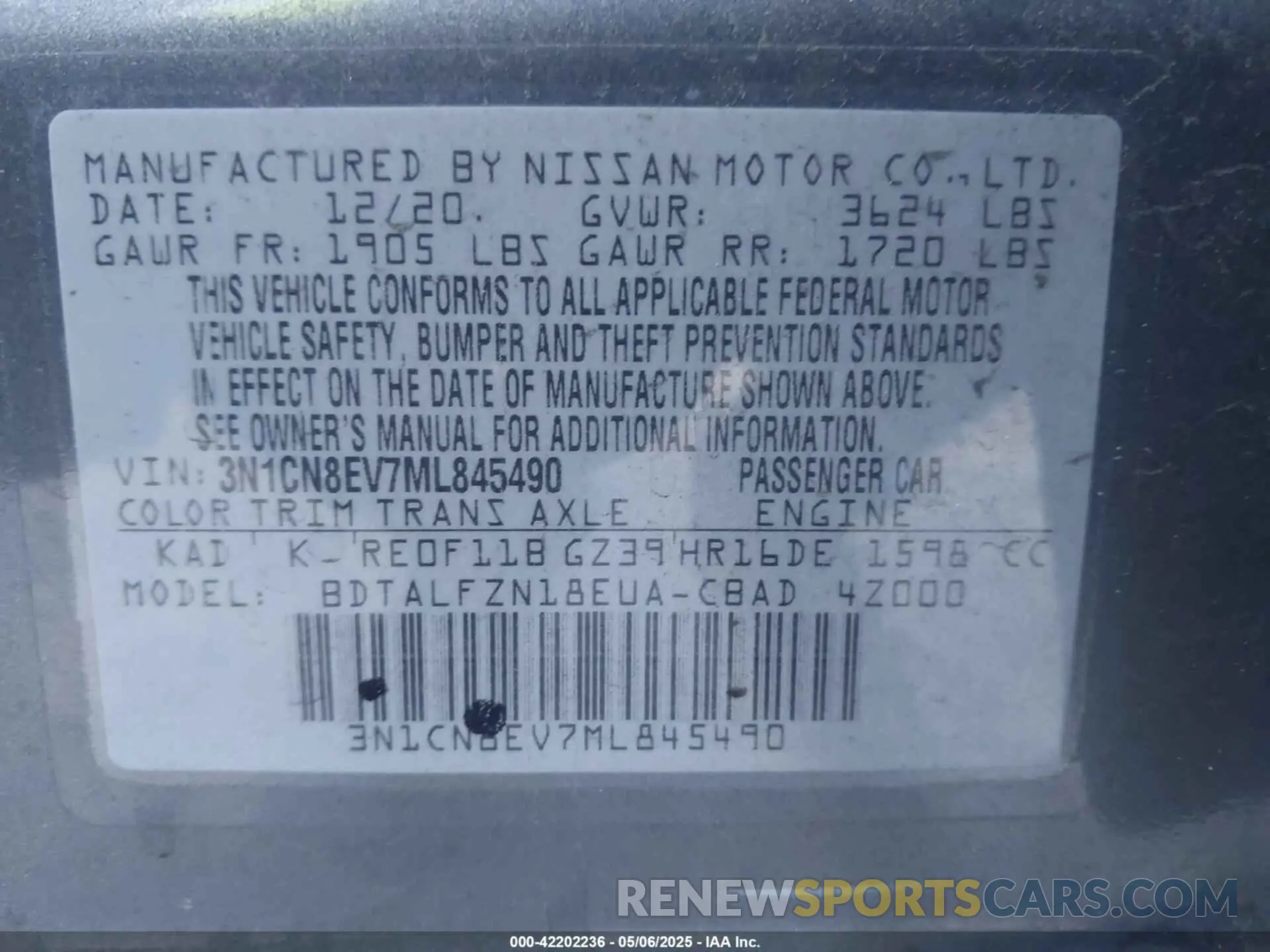9 fotografías del automóvil dañado 3N1CN8EV7ML845490 NISSAN VERSA 2021