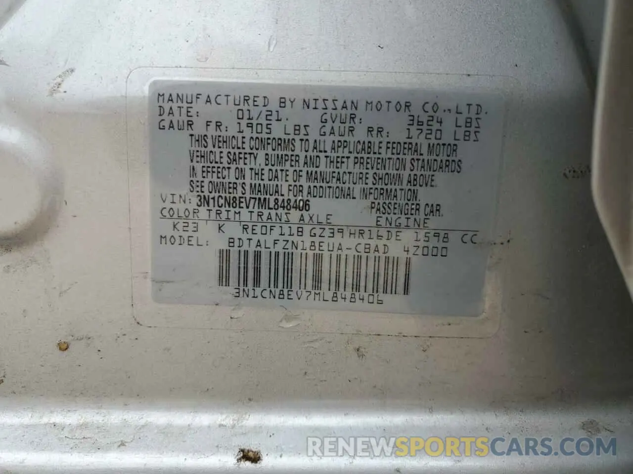 12 fotografías del automóvil dañado 3N1CN8EV7ML848406 NISSAN VERSA 2021