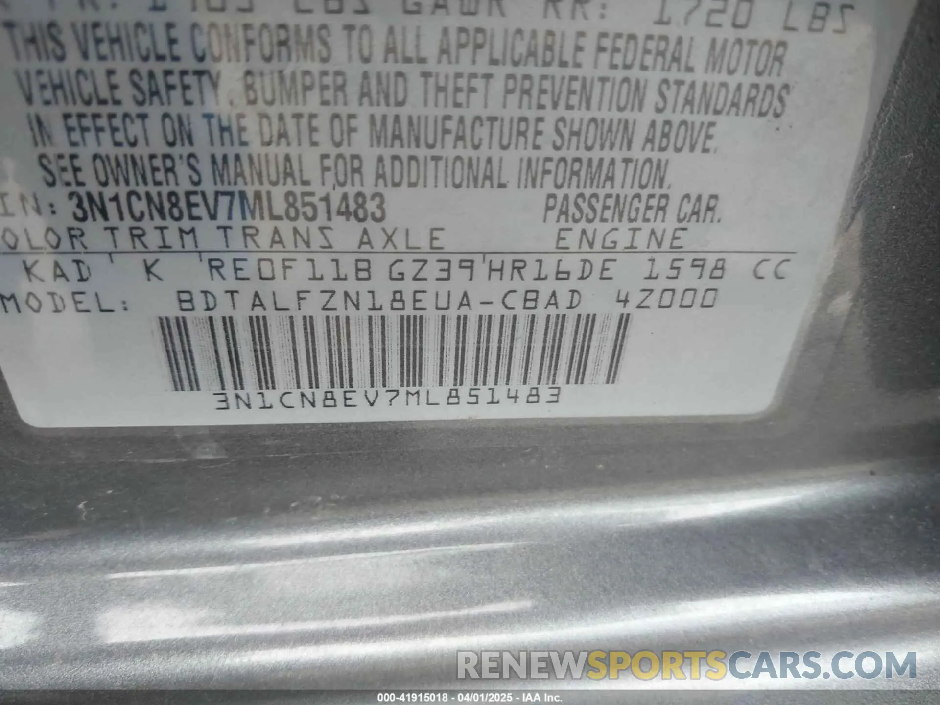 9 fotografías del automóvil dañado 3N1CN8EV7ML851483 NISSAN VERSA 2021