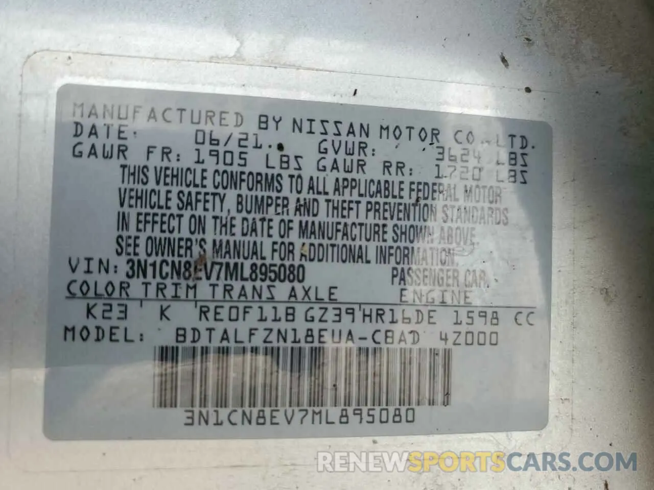 12 fotografías del automóvil dañado 3N1CN8EV7ML895080 NISSAN VERSA 2021