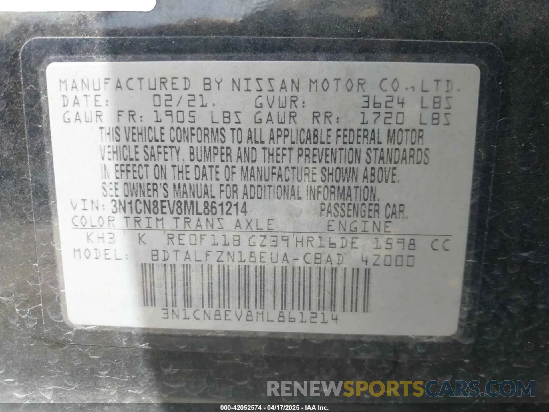 9 fotografías del automóvil dañado 3N1CN8EV8ML861214 NISSAN VERSA 2021