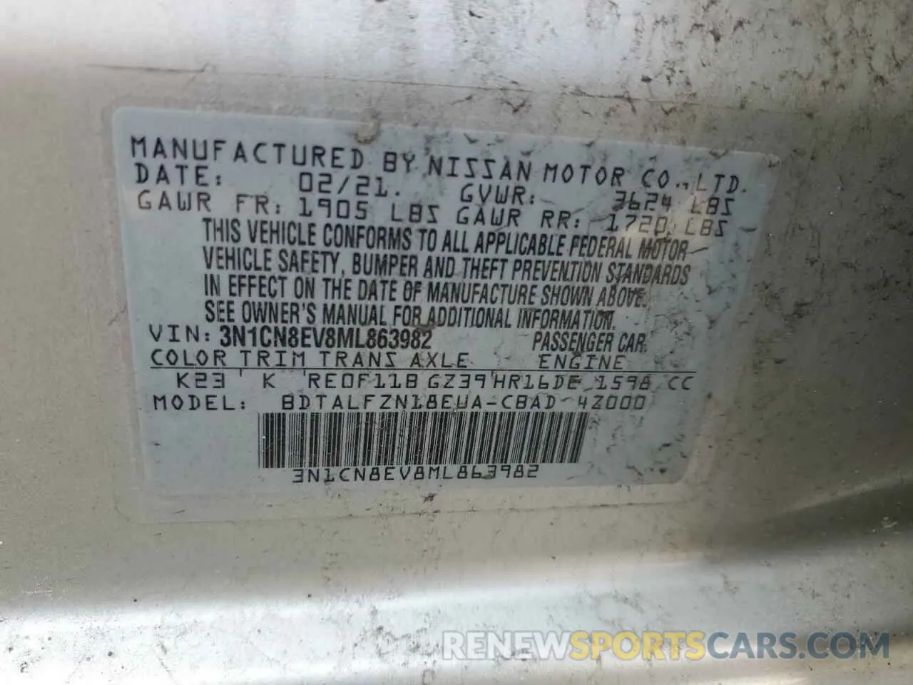 14 fotografías del automóvil dañado 3N1CN8EV8ML863982 NISSAN VERSA 2021