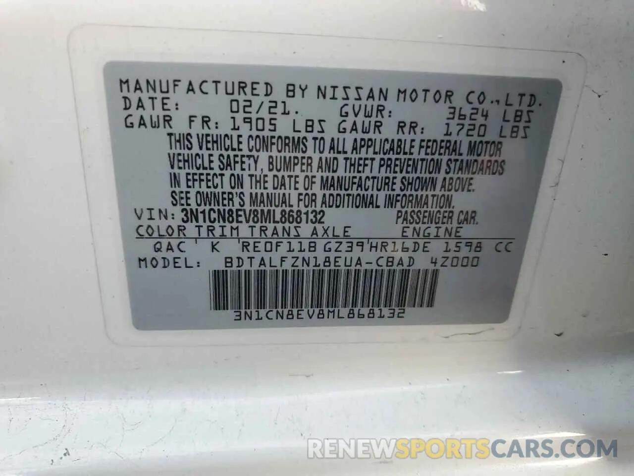 12 fotografías del automóvil dañado 3N1CN8EV8ML868132 NISSAN VERSA 2021