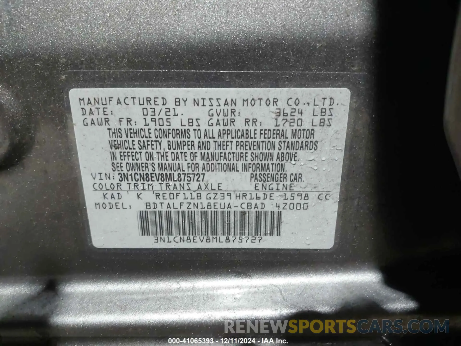 8 fotografías del automóvil dañado 3N1CN8EV8ML875727 NISSAN VERSA 2021