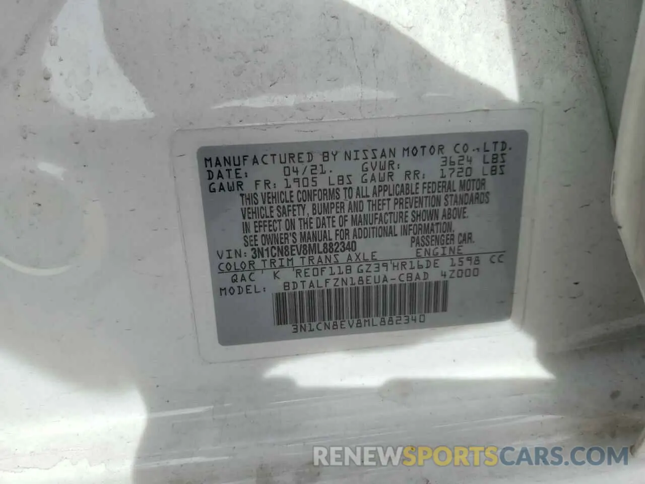 12 fotografías del automóvil dañado 3N1CN8EV8ML882340 NISSAN VERSA 2021