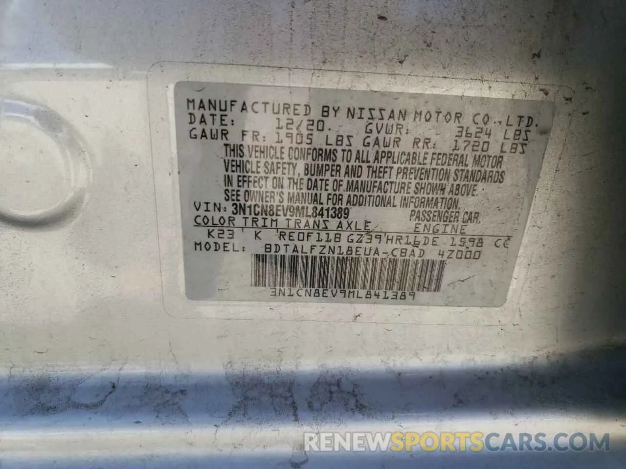 12 fotografías del automóvil dañado 3N1CN8EV9ML841389 NISSAN VERSA 2021