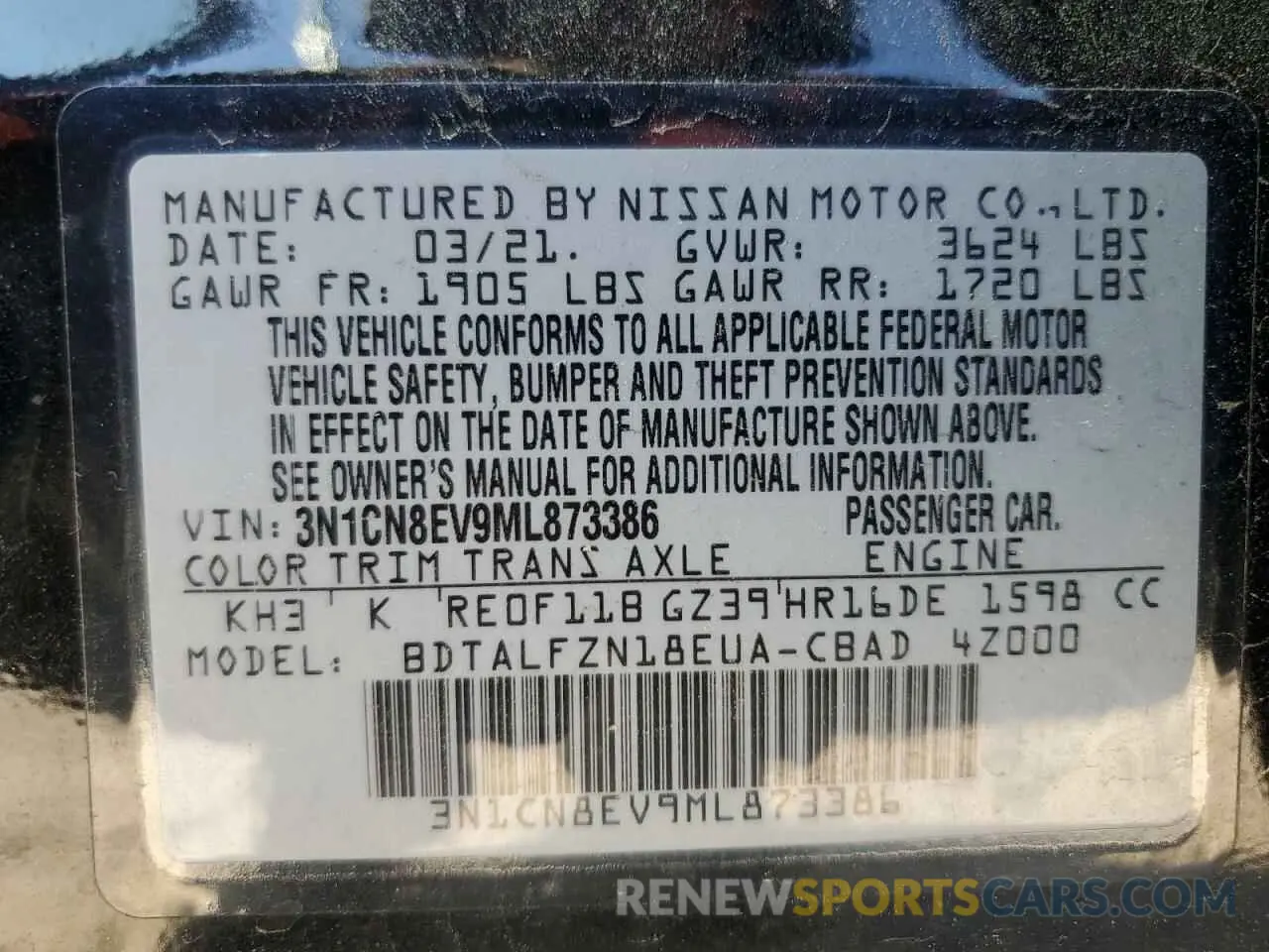 12 fotografías del automóvil dañado 3N1CN8EV9ML873386 NISSAN VERSA 2021