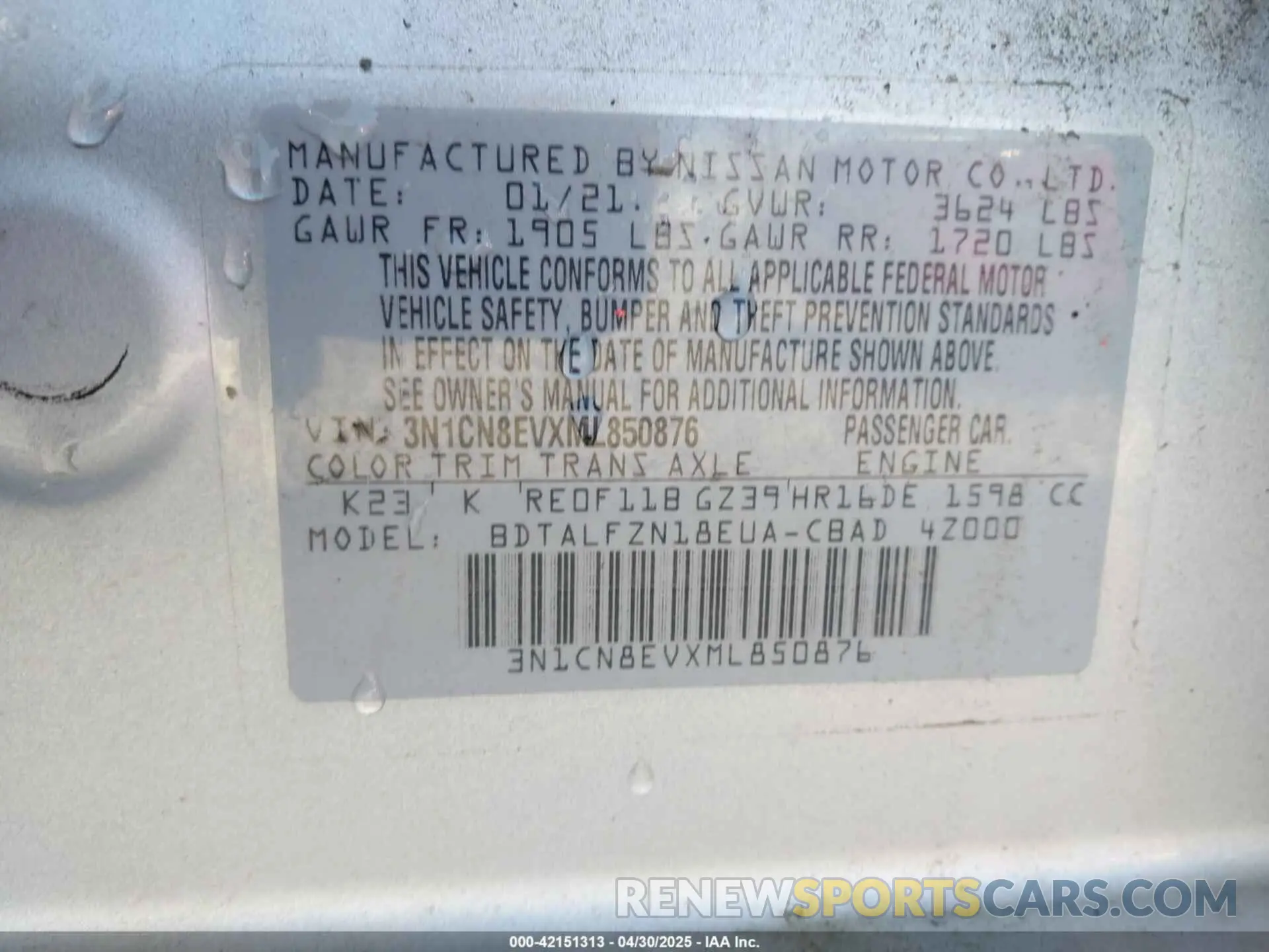 9 fotografías del automóvil dañado 3N1CN8EVXML850876 NISSAN VERSA 2021