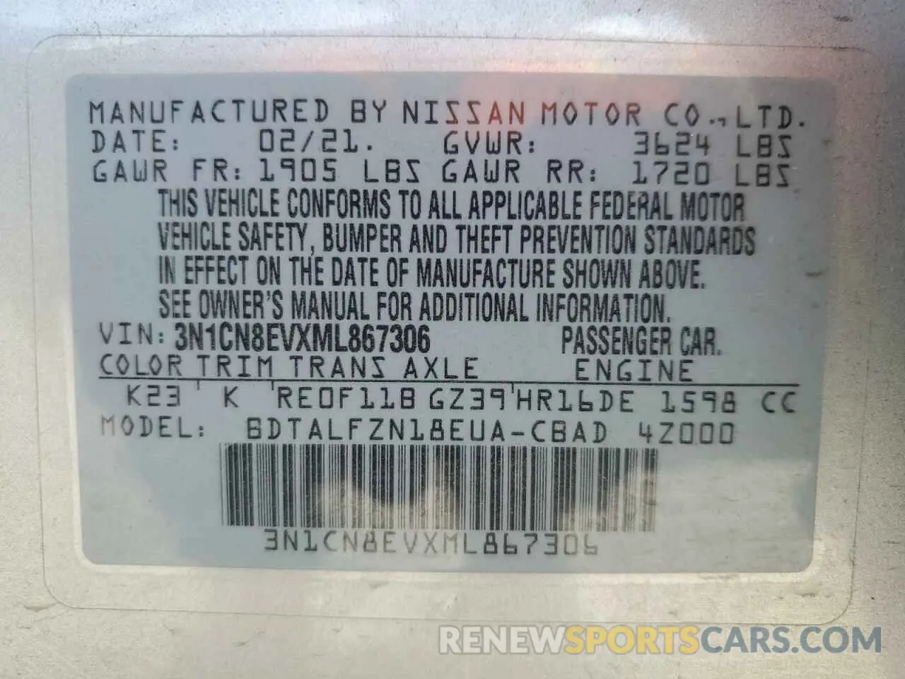 12 fotografías del automóvil dañado 3N1CN8EVXML867306 NISSAN VERSA 2021
