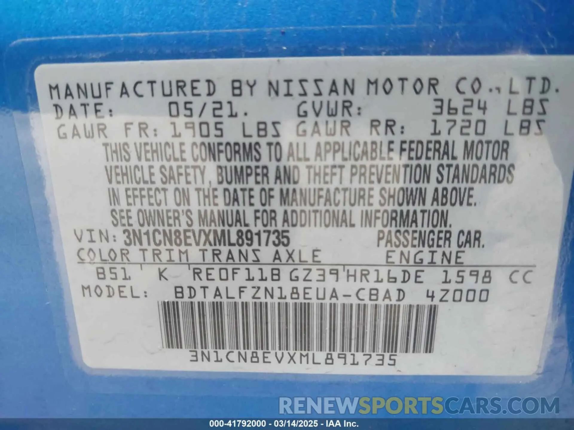 9 fotografías del automóvil dañado 3N1CN8EVXML891735 NISSAN VERSA 2021
