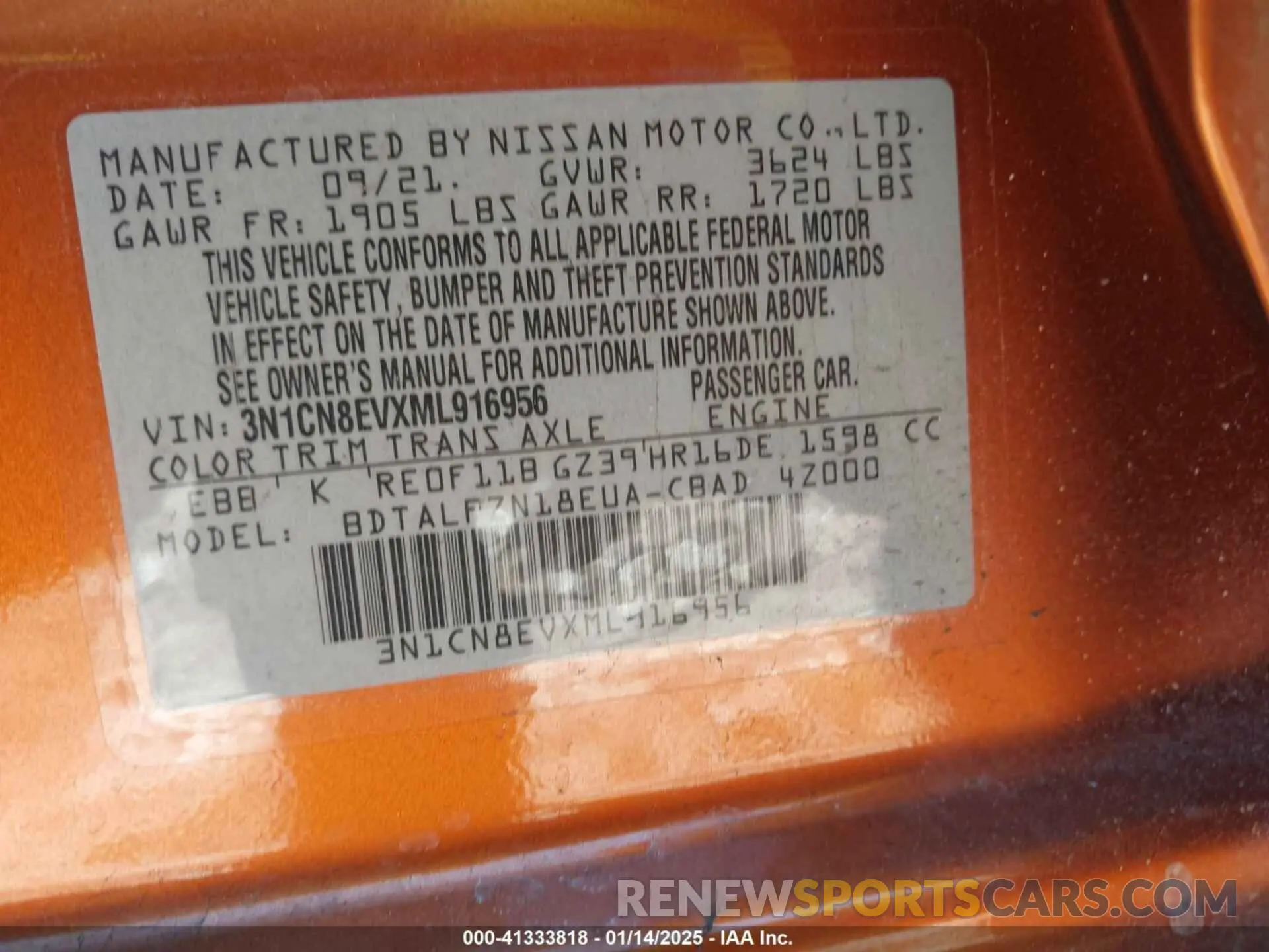 9 fotografías del automóvil dañado 3N1CN8EVXML916956 NISSAN VERSA 2021