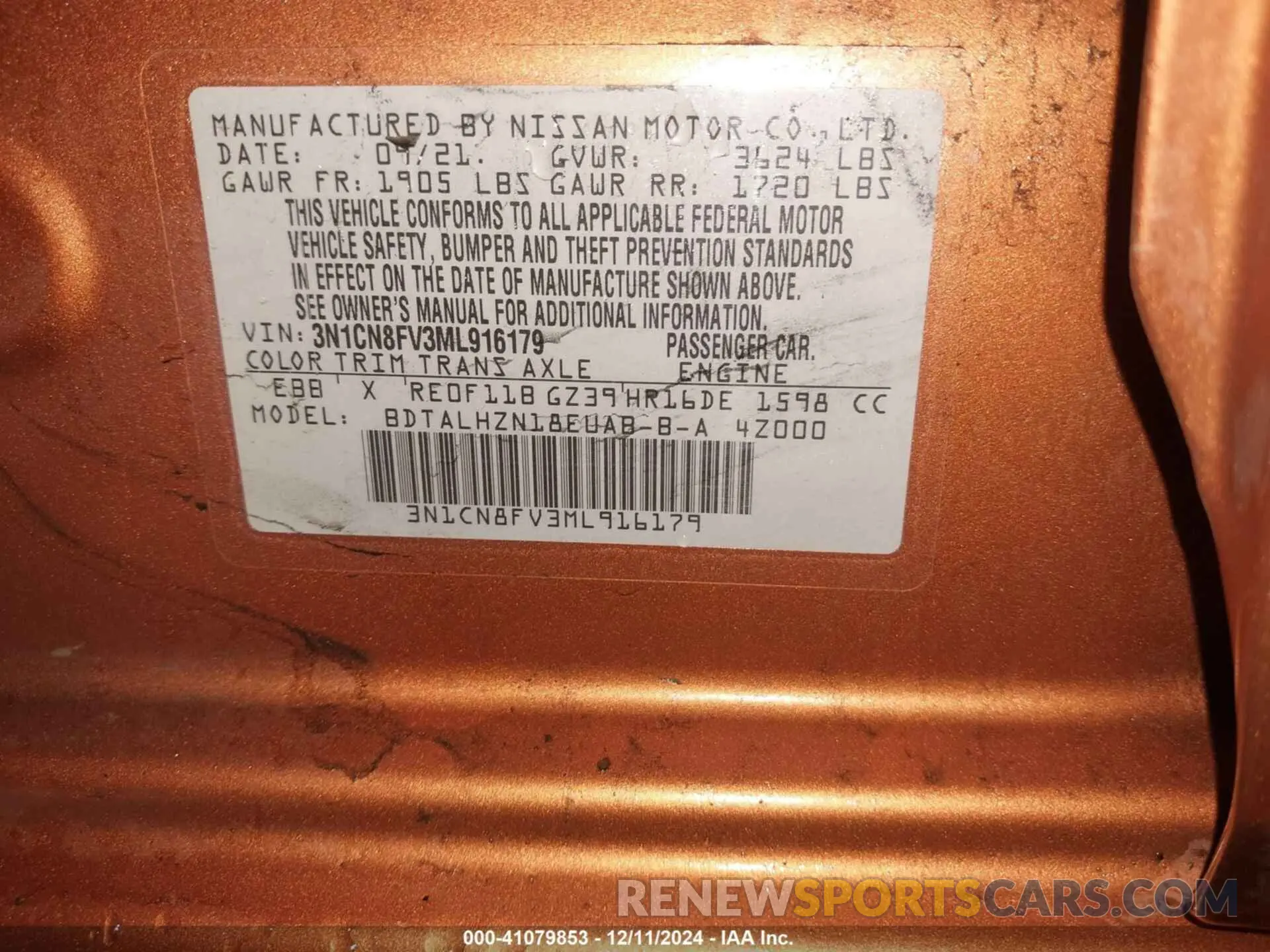 9 fotografías del automóvil dañado 3N1CN8FV3ML916179 NISSAN VERSA 2021