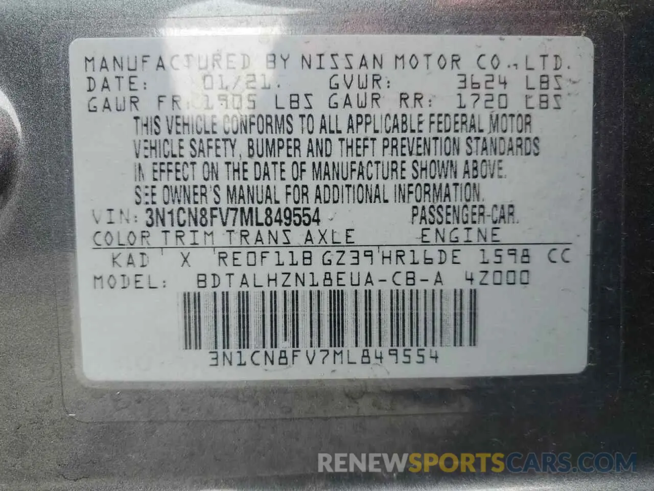 12 fotografías del automóvil dañado 3N1CN8FV7ML849554 NISSAN VERSA 2021