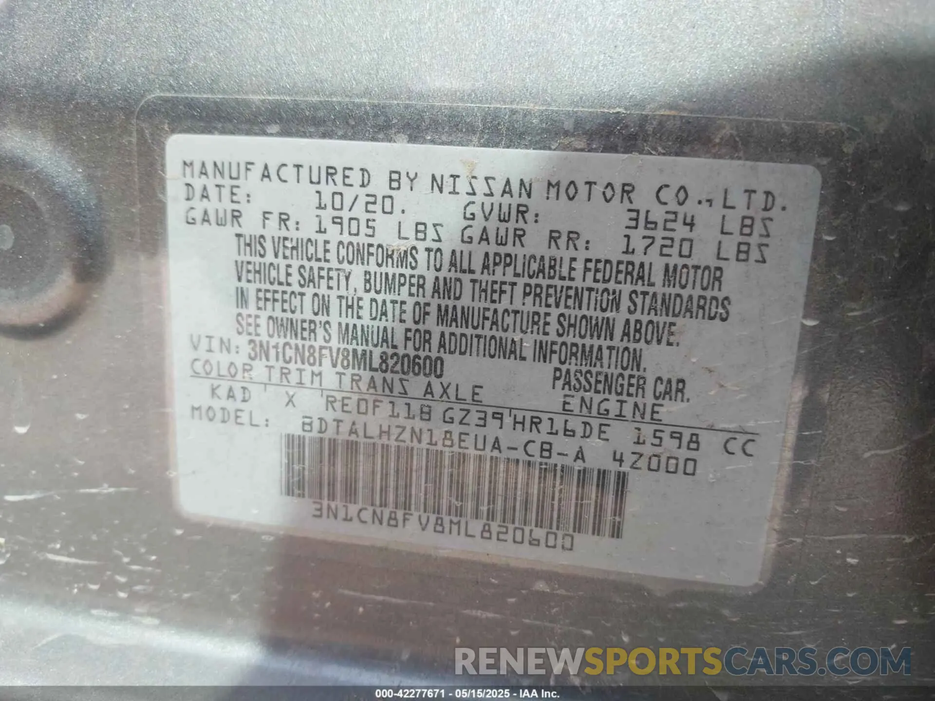 9 fotografías del automóvil dañado 3N1CN8FV8ML820600 NISSAN VERSA 2021