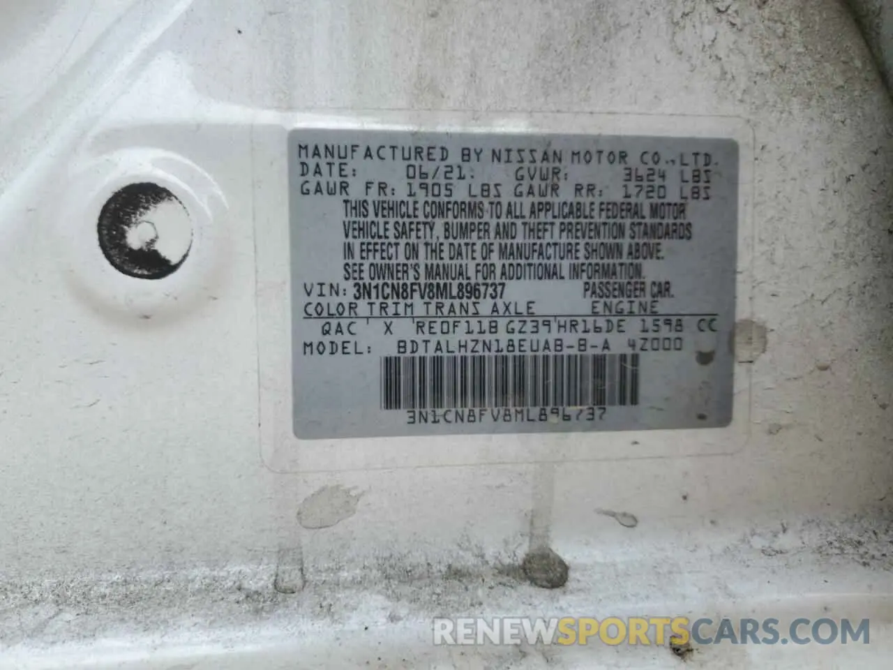 12 fotografías del automóvil dañado 3N1CN8FV8ML896737 NISSAN VERSA 2021