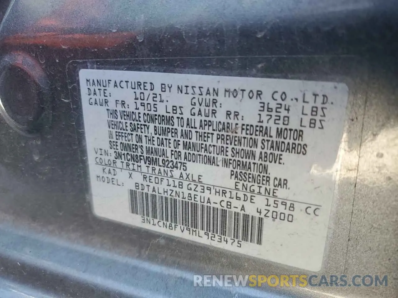 13 fotografías del automóvil dañado 3N1CN8FV9ML923475 NISSAN VERSA 2021