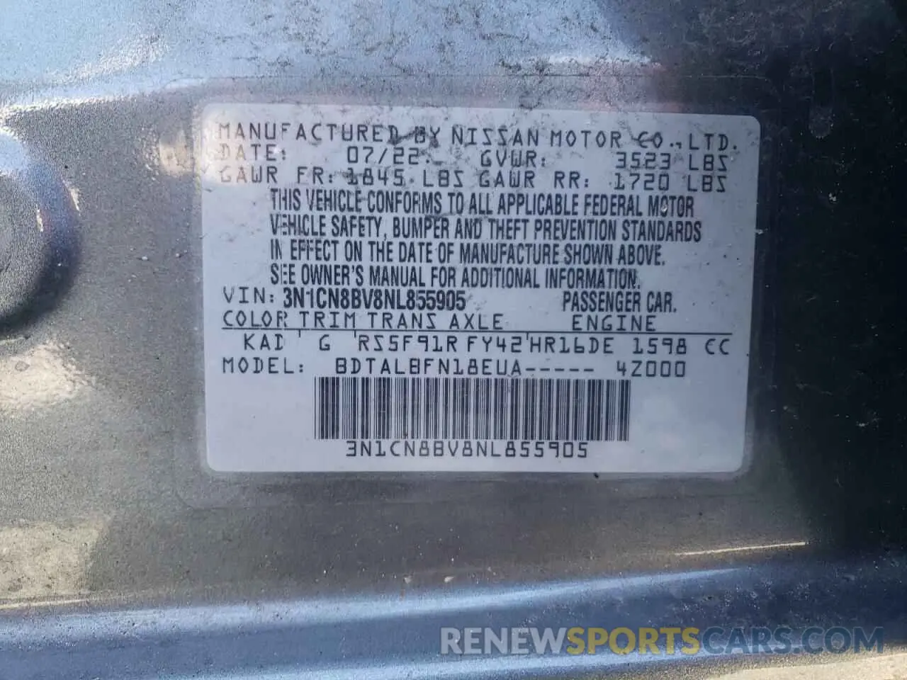 12 fotografías del automóvil dañado 3N1CN8BV8NL855905 NISSAN VERSA 2022