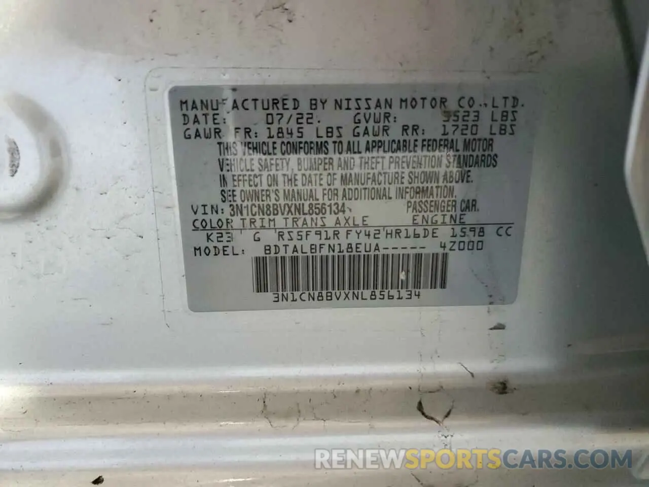 15 fotografías del automóvil dañado 3N1CN8BVXNL856134 NISSAN VERSA 2022