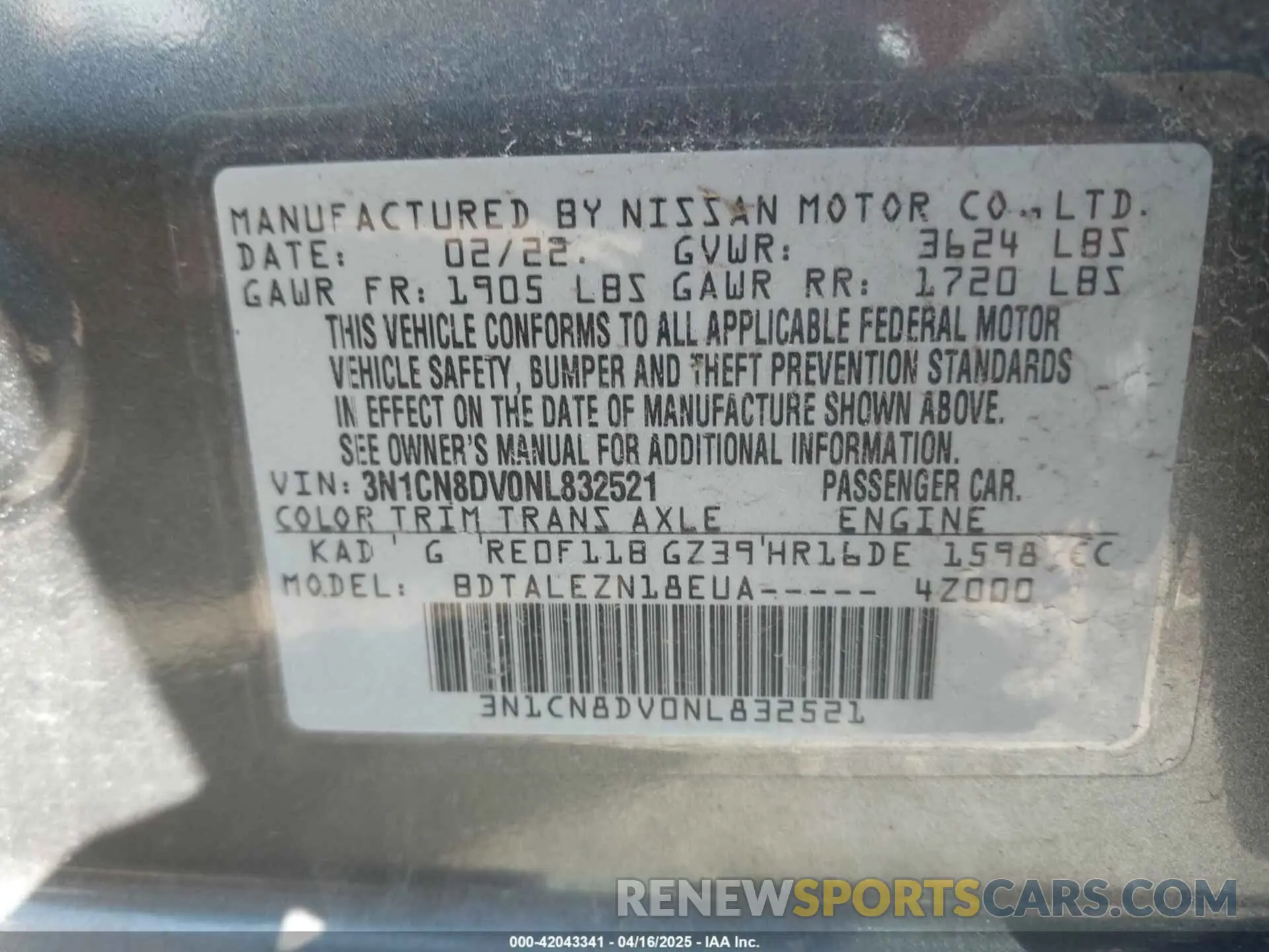 9 fotografías del automóvil dañado 3N1CN8DV0NL832521 NISSAN VERSA 2022