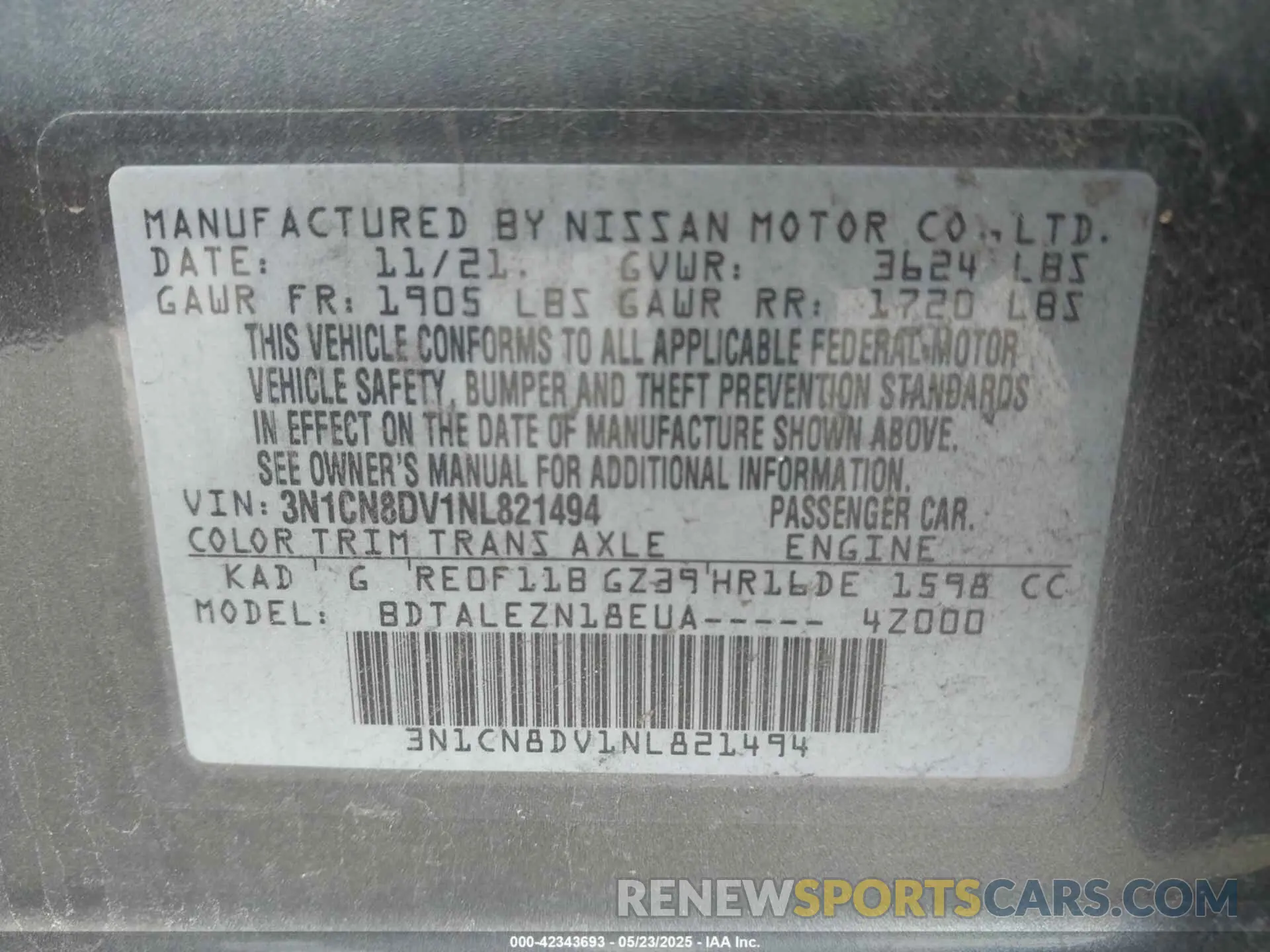 9 fotografías del automóvil dañado 3N1CN8DV1NL821494 NISSAN VERSA 2022