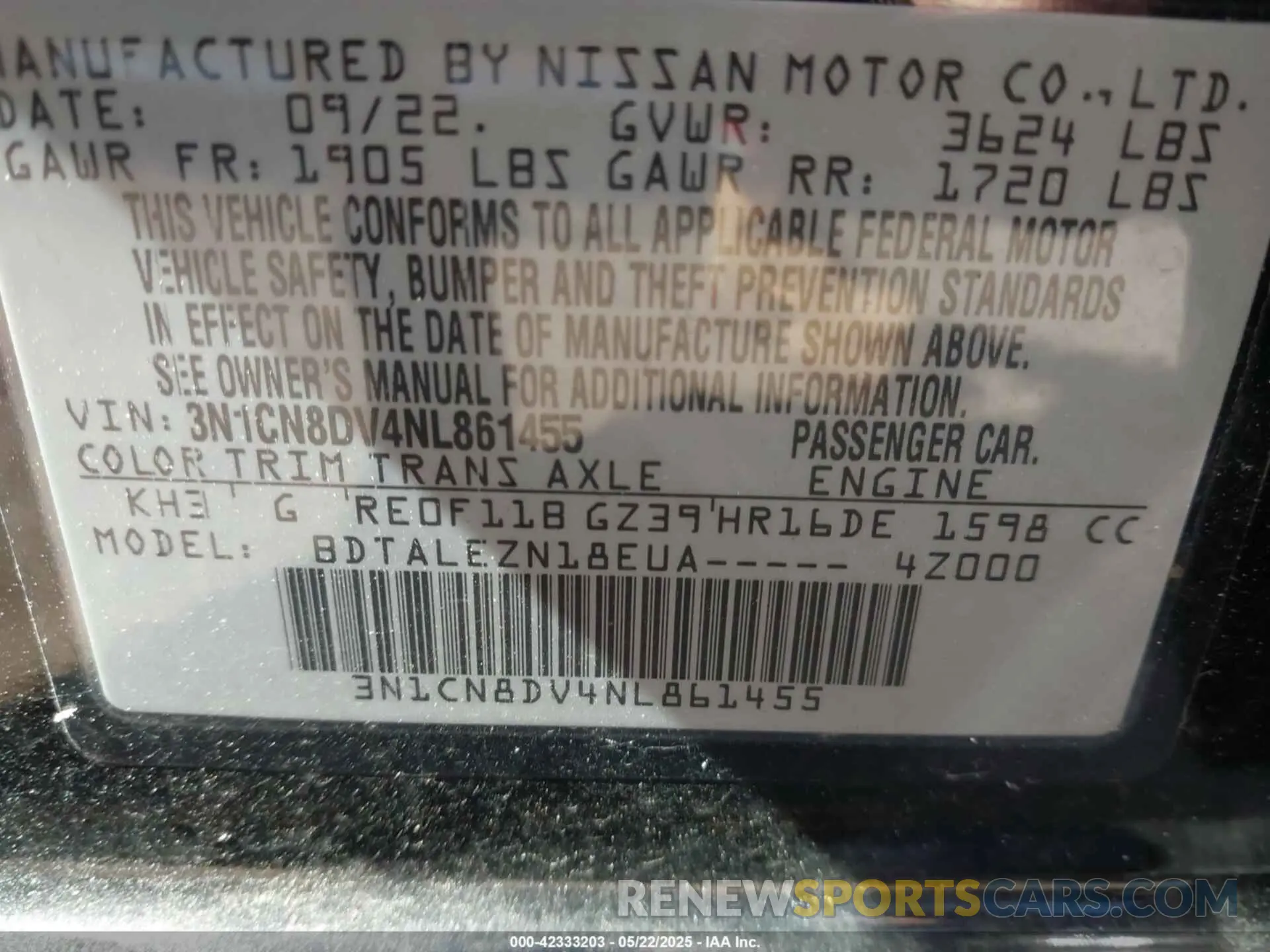 9 fotografías del automóvil dañado 3N1CN8DV4NL861455 NISSAN VERSA 2022