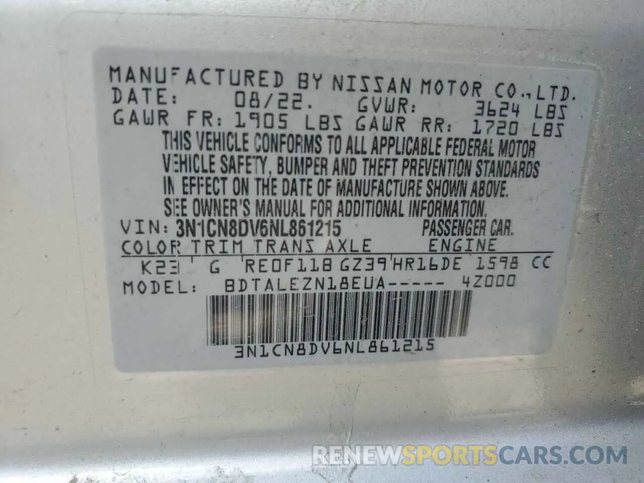 12 fotografías del automóvil dañado 3N1CN8DV6NL861215 NISSAN VERSA 2022