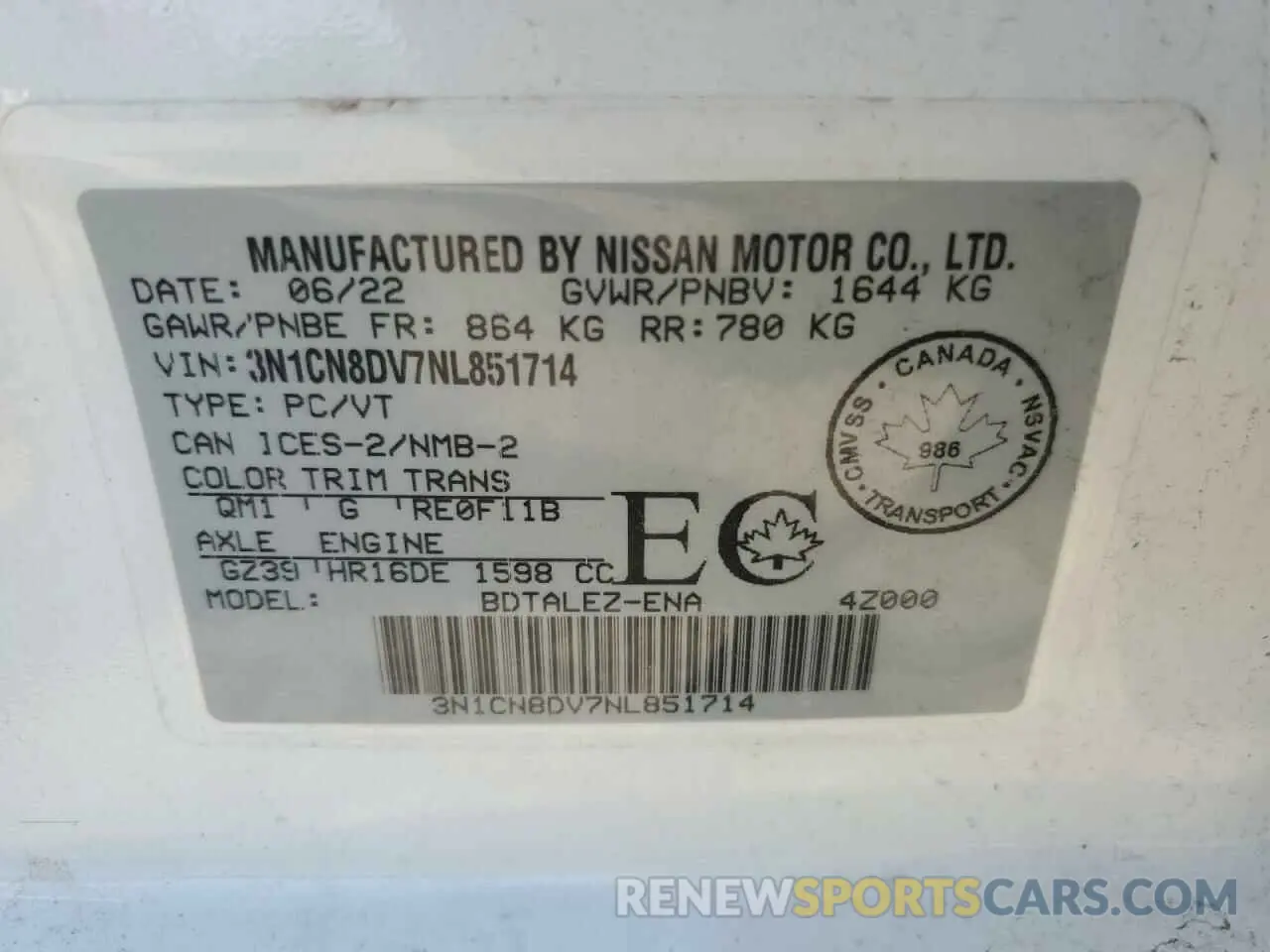 12 fotografías del automóvil dañado 3N1CN8DV7NL851714 NISSAN VERSA 2022