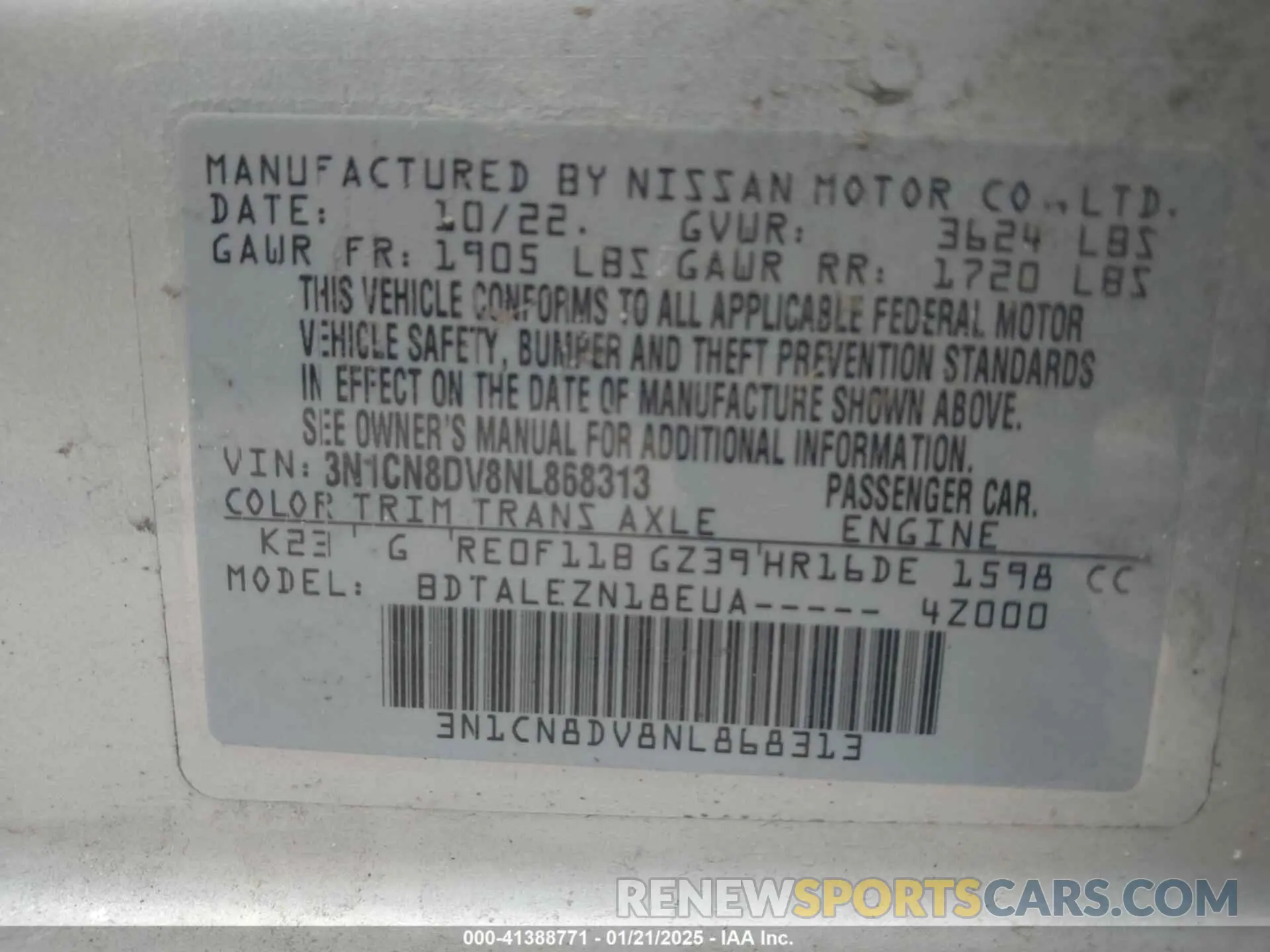 9 fotografías del automóvil dañado 3N1CN8DV8NL868313 NISSAN VERSA 2022