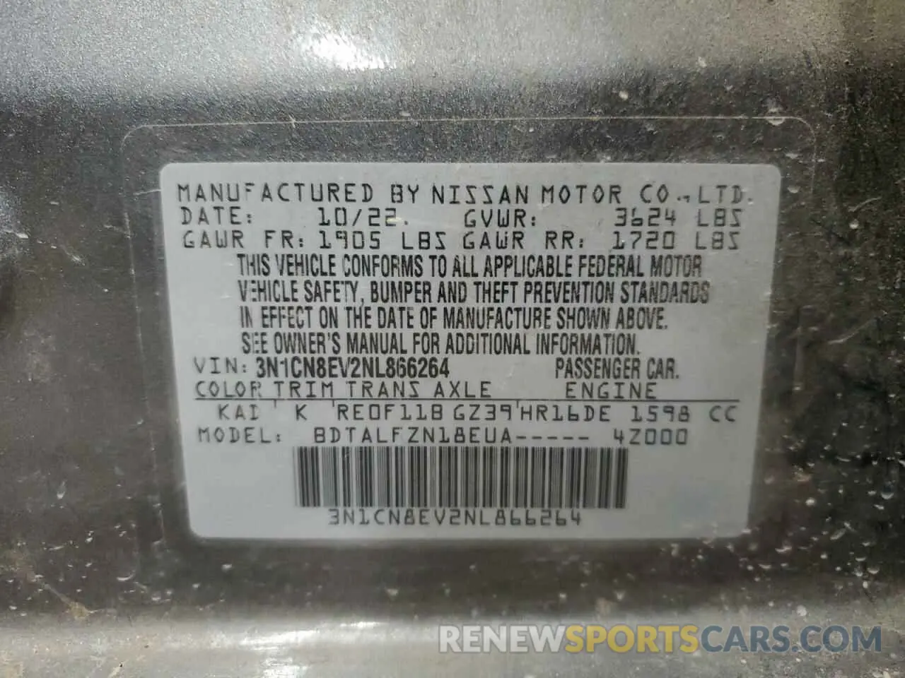 12 fotografías del automóvil dañado 3N1CN8EV2NL866264 NISSAN VERSA 2022