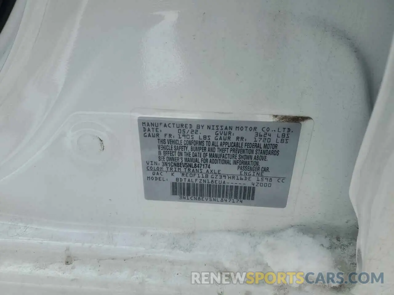 12 fotografías del automóvil dañado 3N1CN8EV5NL847174 NISSAN VERSA 2022