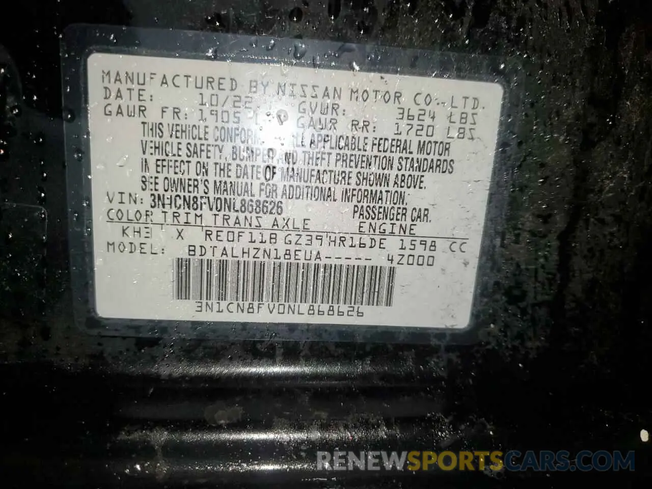 13 fotografías del automóvil dañado 3N1CN8FV0NL868626 NISSAN VERSA 2022