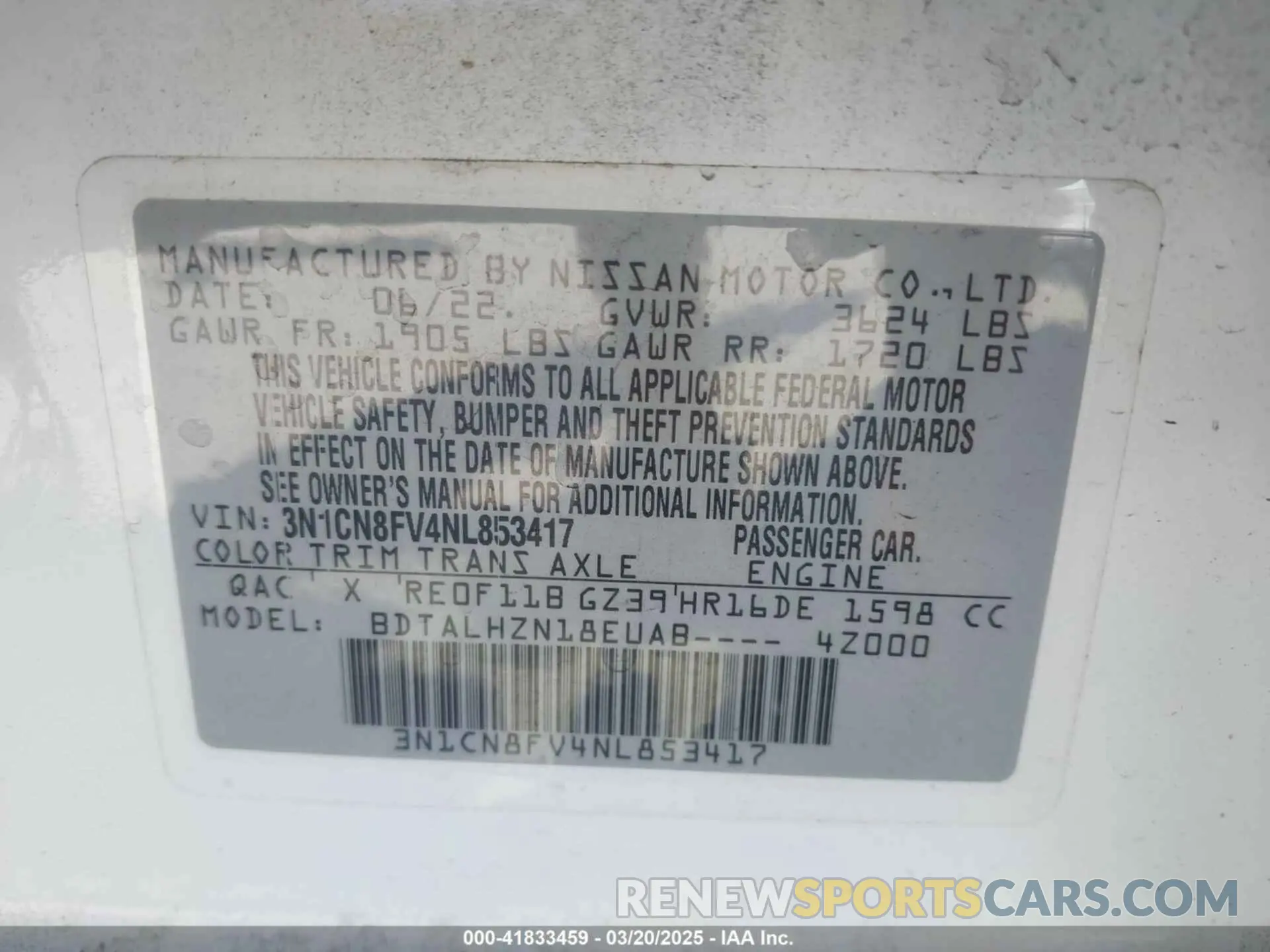 9 fotografías del automóvil dañado 3N1CN8FV4NL853417 NISSAN VERSA 2022