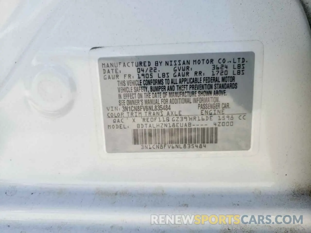 12 fotografías del automóvil dañado 3N1CN8FV6NL835484 NISSAN VERSA 2022
