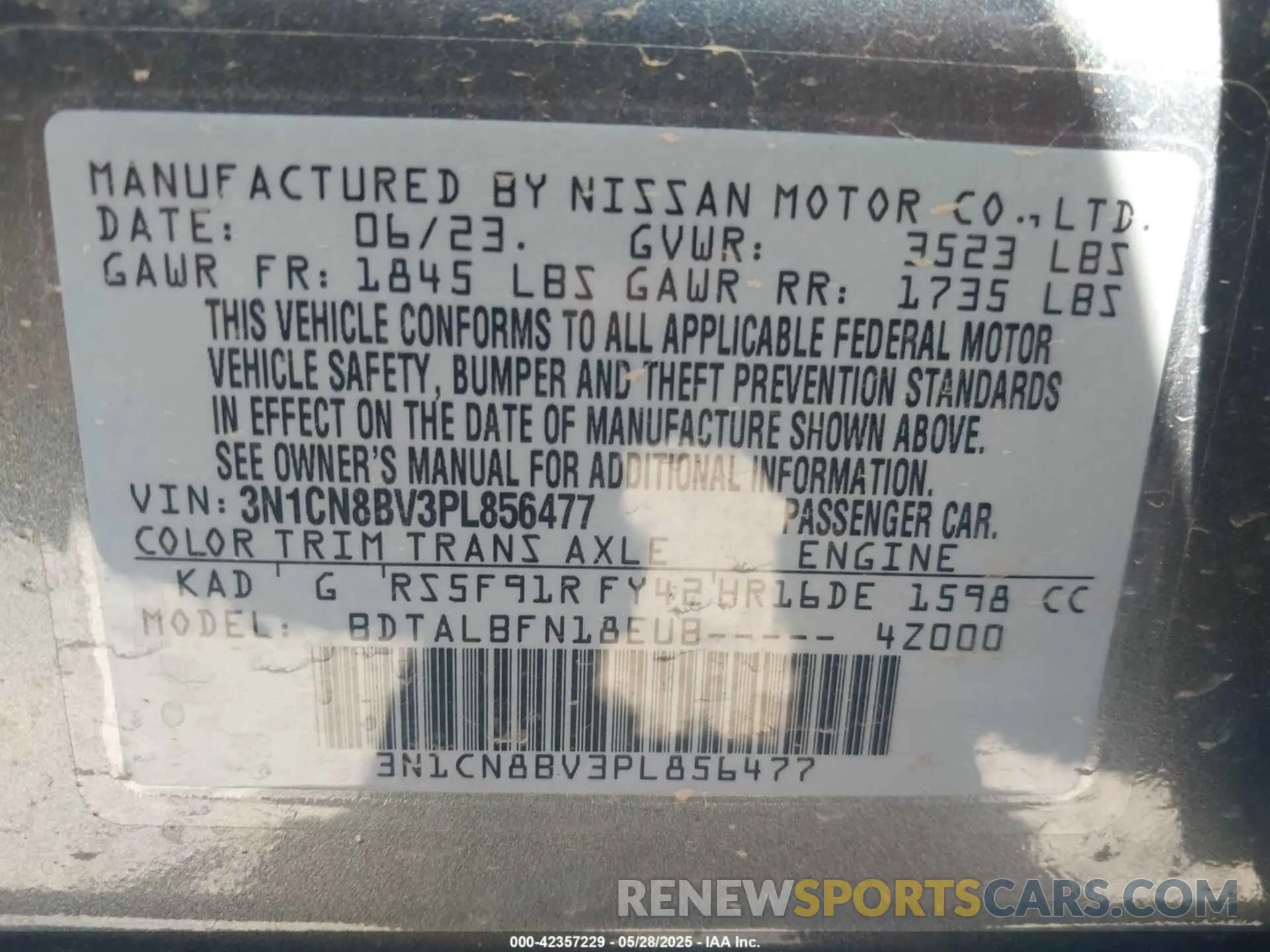 9 fotografías del automóvil dañado 3N1CN8BV3PL856477 NISSAN VERSA 2023