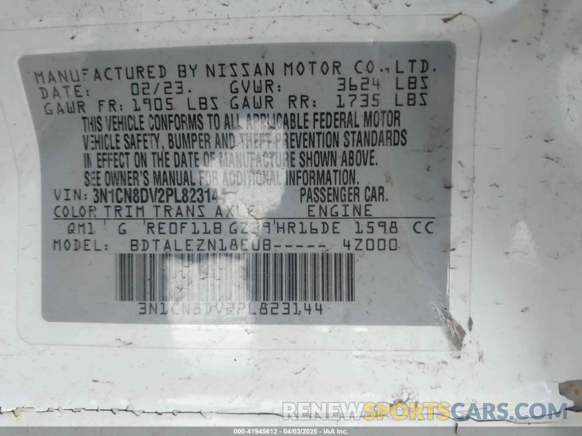9 fotografías del automóvil dañado 3N1CN8DV2PL823144 NISSAN VERSA 2023
