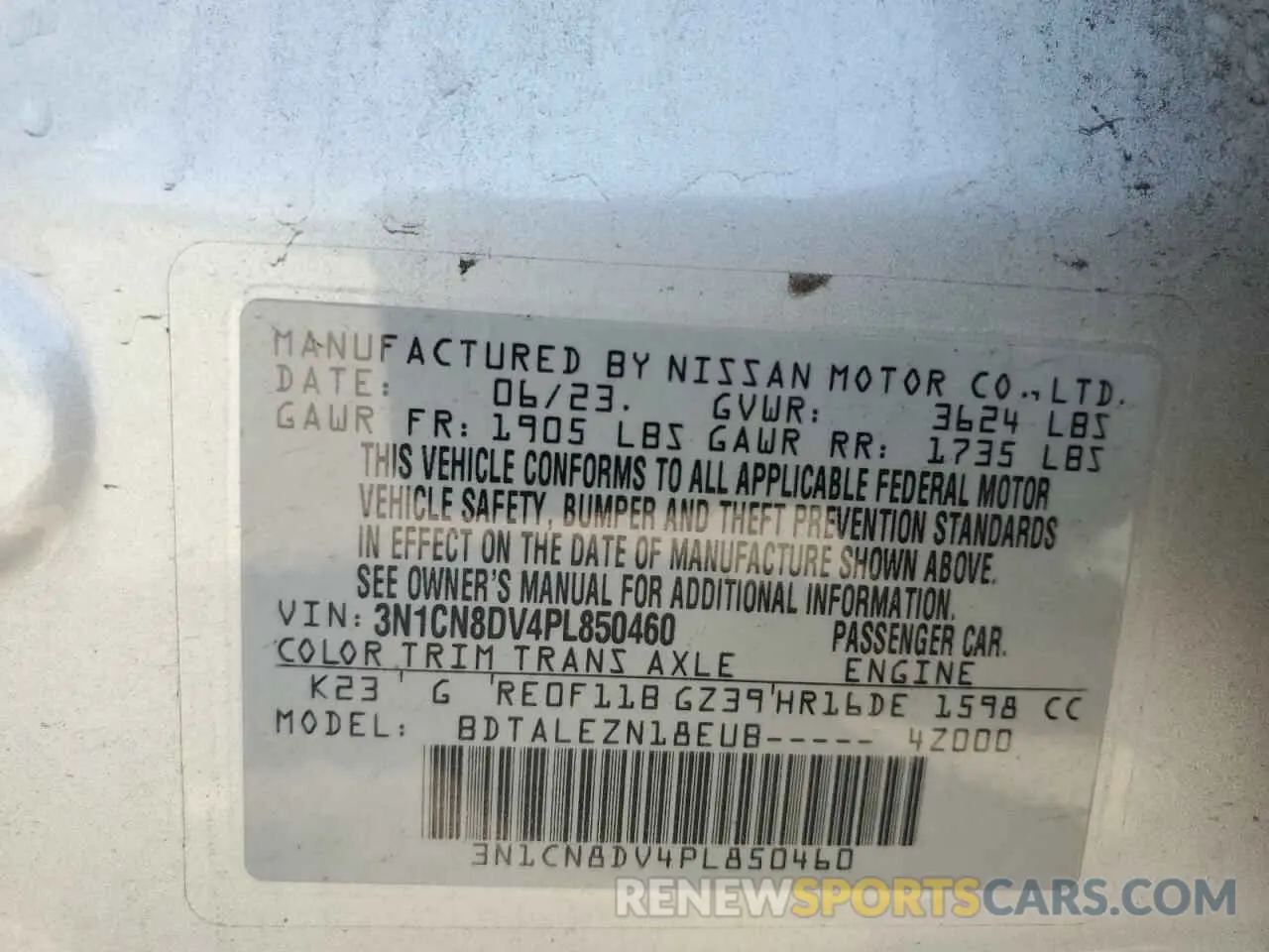 13 fotografías del automóvil dañado 3N1CN8DV4PL850460 NISSAN VERSA 2023