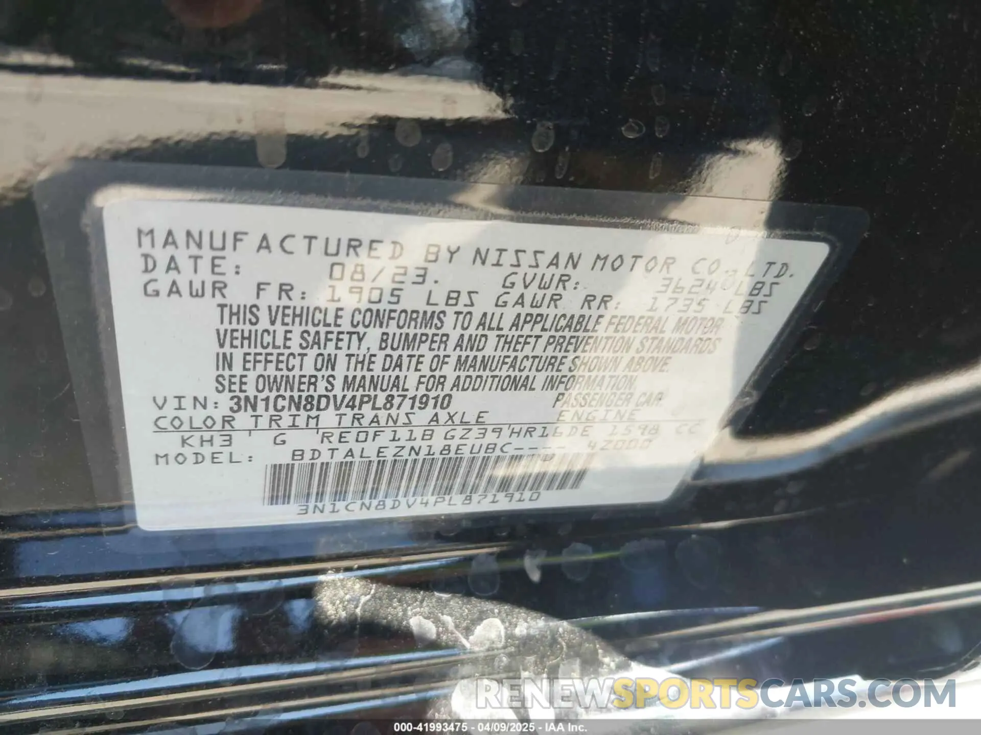 9 fotografías del automóvil dañado 3N1CN8DV4PL871910 NISSAN VERSA 2023